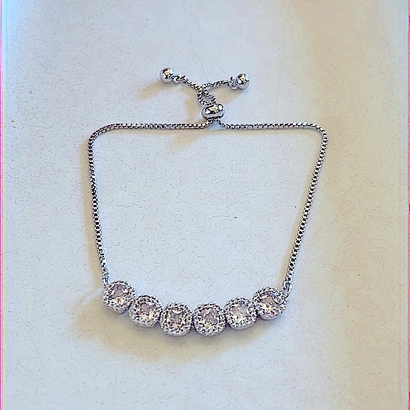 Adjustable Silver Box Link Bracelet W/Cz Crystal Accents - New